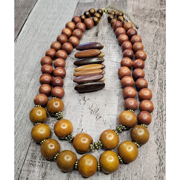 Vintage Boho Chic Graduated Brown Wooden Bead Necklace Bracelet Statement Gift - Picture 3 of 8